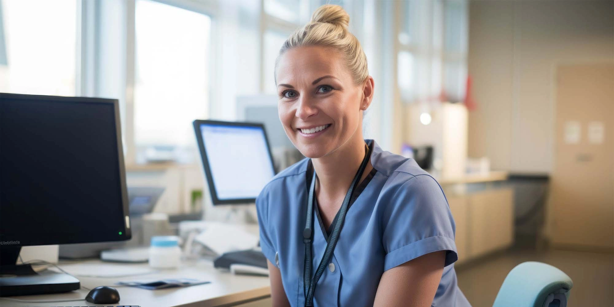 Nurse working in Curoflow practice management system in a primary care clinic